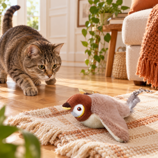 Chat tigré attiré par L'Oiseau Magique dans un salon