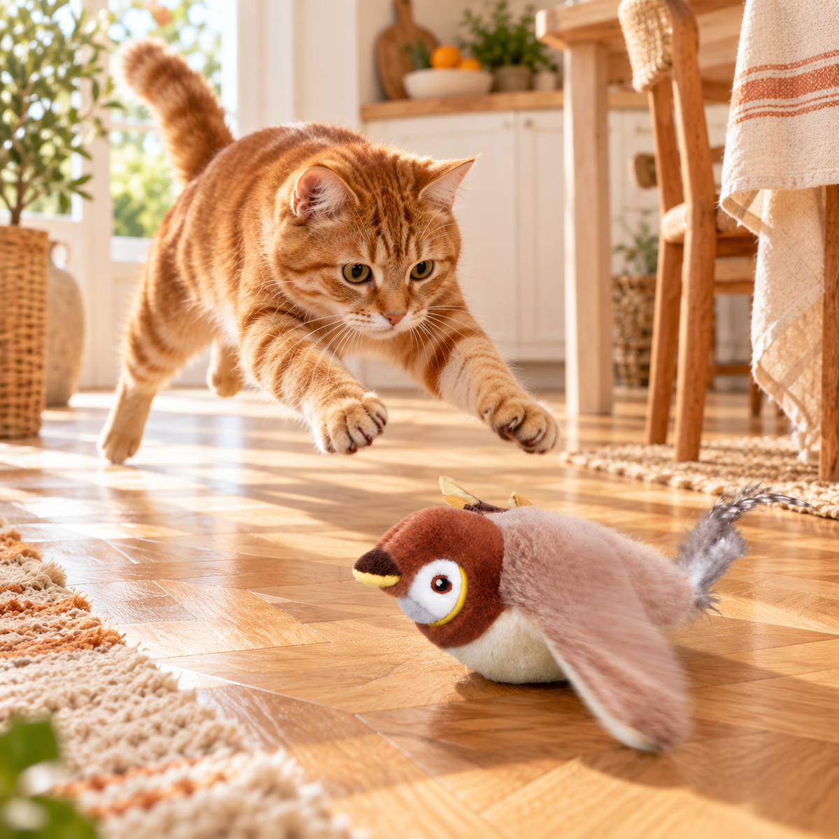 Chat roux qui bondit sur L'Oiseau Magique